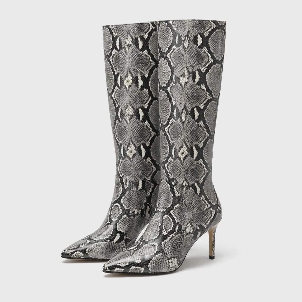 Euc. 8m. Nine West “Fivera Roccia” Tall Heeled Boots In Black, White Snake